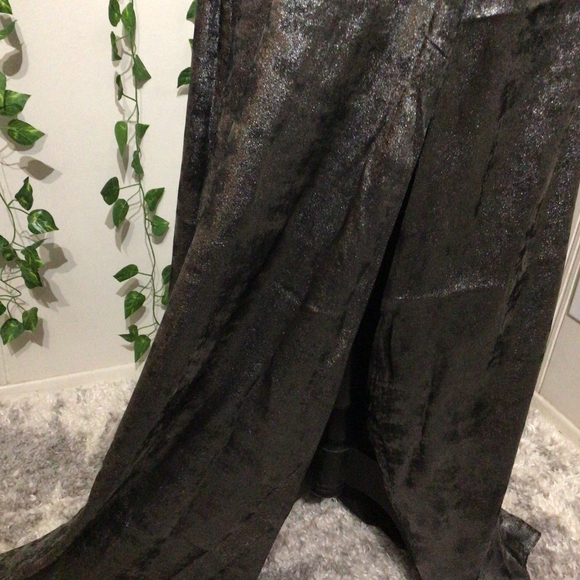 Silver Floor Length Gown with Deep V | Ruffled Sleeves | Side Slits - Picture 2 of 6